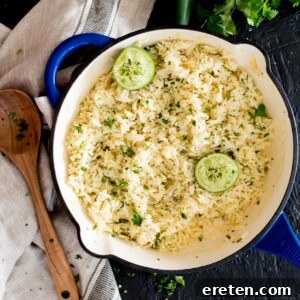 chili lime rice in a skillet topped with cilantro