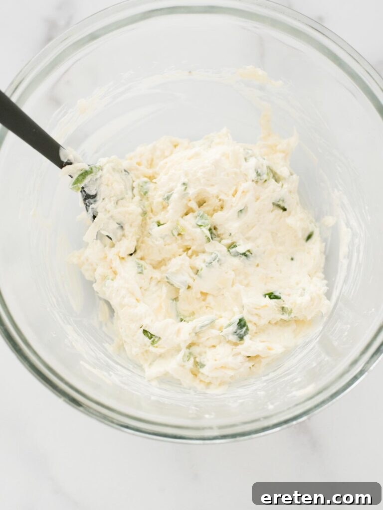 Spicy Artichoke Jalapeno Fusion 9 All creamy ingredients, including cheeses, garlic, and jalapeno, mixed thoroughly in a bowl.