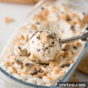 Easy Homemade Smores Ice Cream 11 A metal ice cream scooper lifting a scoop of creamy ice cream with chocolate chips and crushed cookies from a glass container. Crumbled cookies are sprinkled on top.