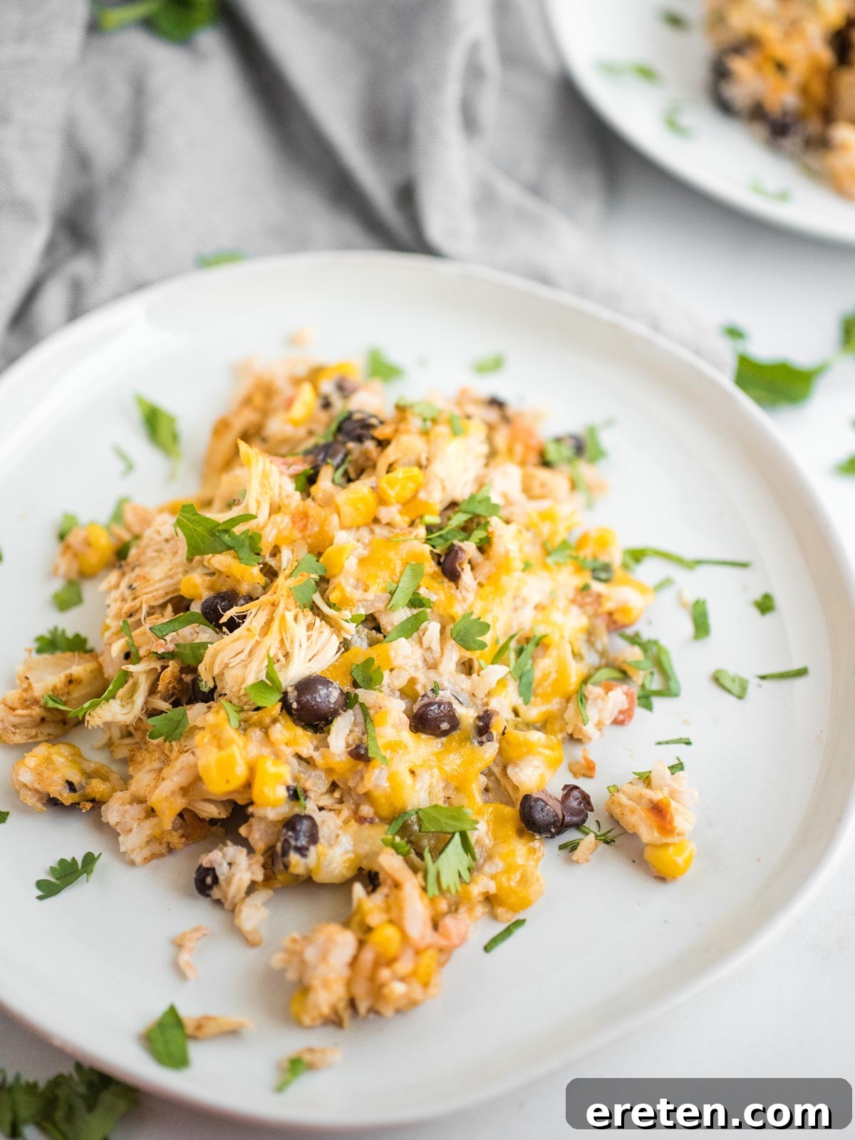 Up close shot of Tex-Mex chicken casserole on a white plate, showcasing the rich colors and textures of cheese, corn, beans, and chicken.