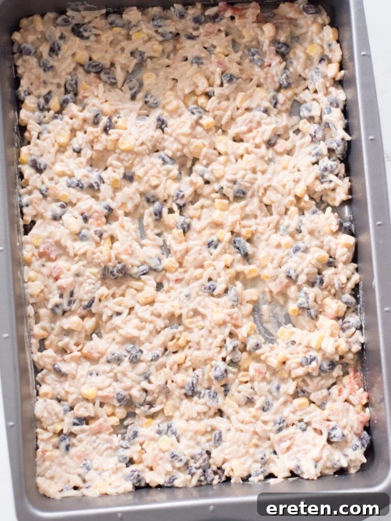 Baking dish with the first layer of rice mixture added to it, spread evenly.