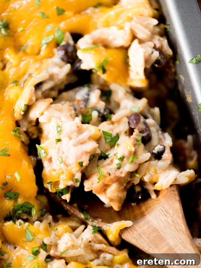 Up close view of a scoop of Tex-Mex chicken and rice casserole on a white plate, showing the creamy, cheesy texture.