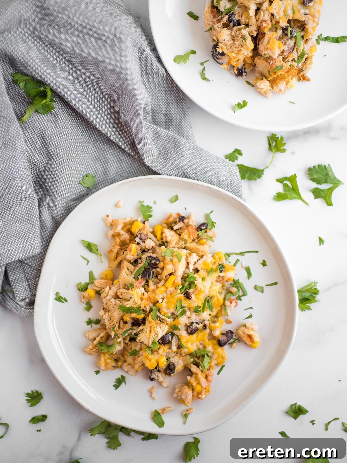A generous serving of Tex-Mex chicken black bean casserole on a white plate, garnished with fresh cilantro, ready to be enjoyed.