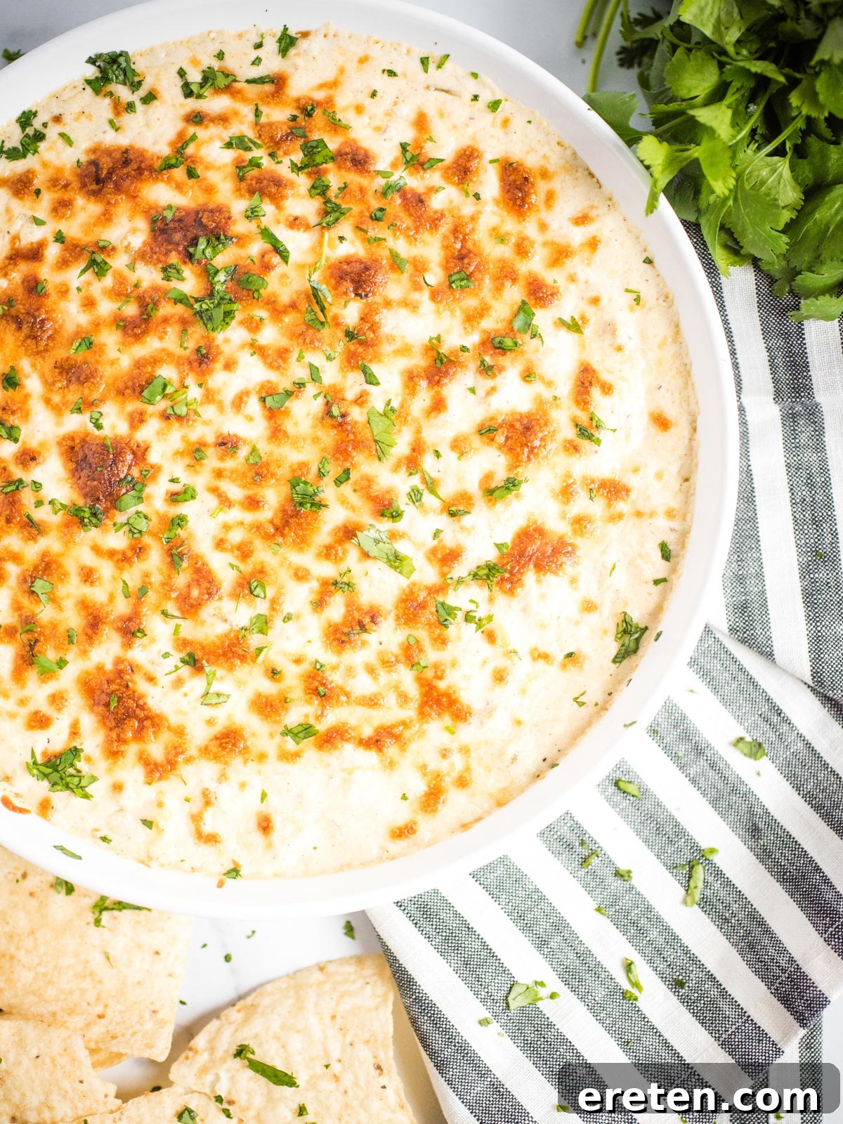 A baking dish filled with creamy green chile queso blanco dip, surrounded by crispy tortilla chips, ready for serving.
