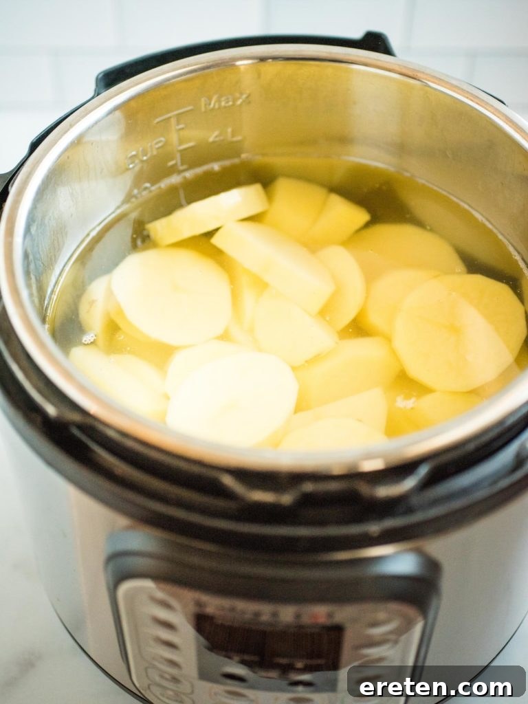 Sliced potatoes in water inside Instant Pot
