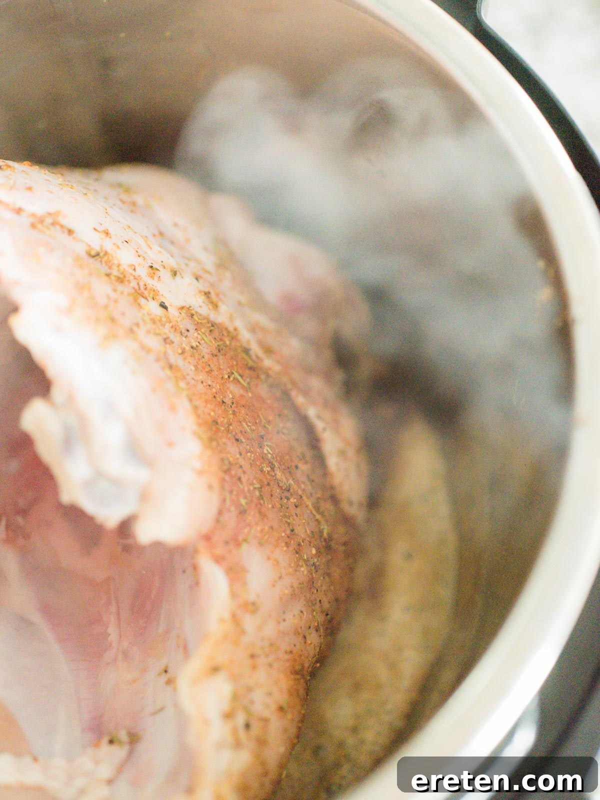 Perfectly Tender Instant Pot Bone-In Turkey Breast 5 raw turkey breast with seasoning searing in instant pot