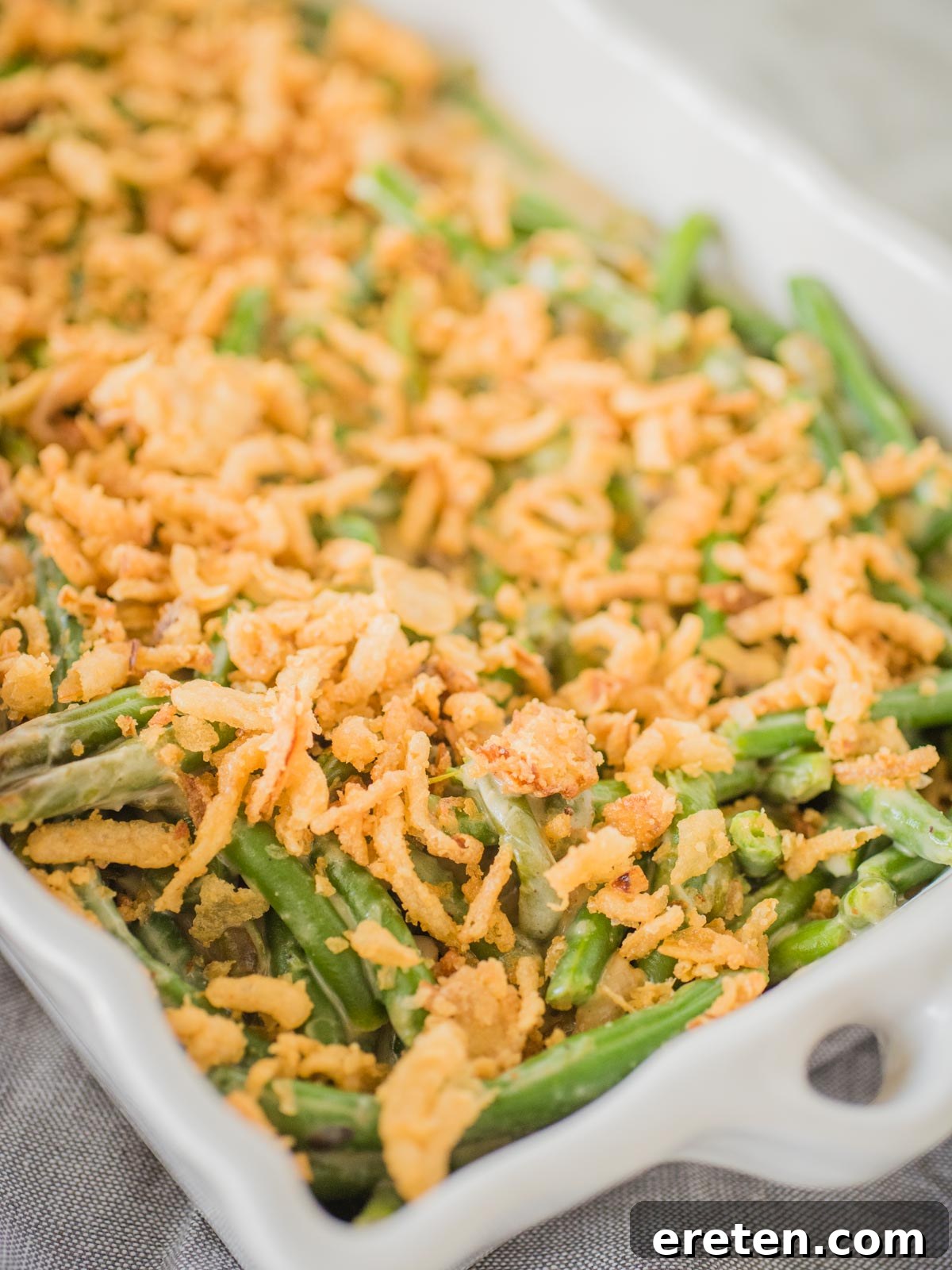 Ultimate Instant Pot Green Bean Casserole 7 green bean casserole in a white serving dish