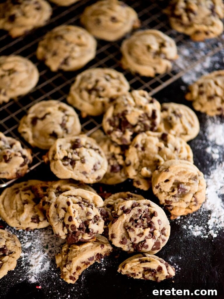 Stack of the best chewy chocolate chip cookies on a cooling rack with flour spread around, hinting at a baking masterpiece
