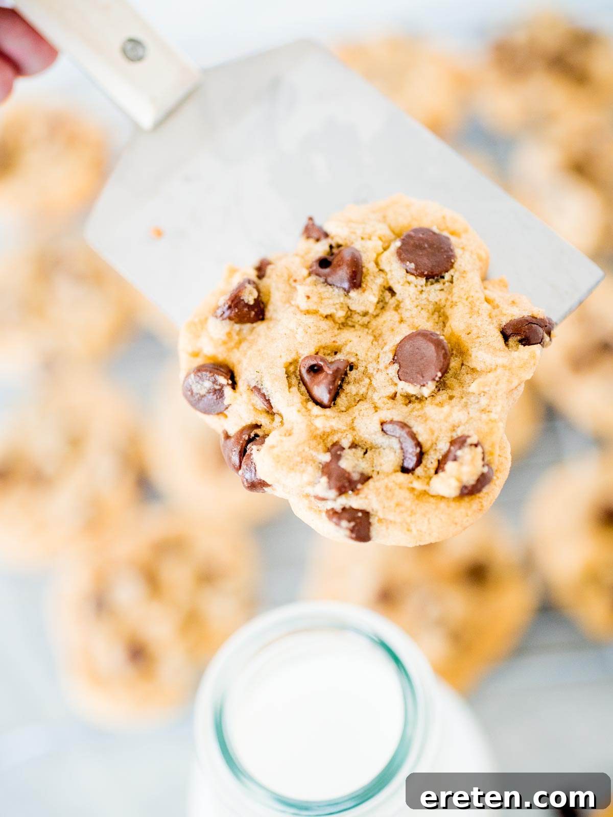 A warm chocolate chip cookie balanced on a spatula, poised over a refreshing glass of milk – a classic pairing