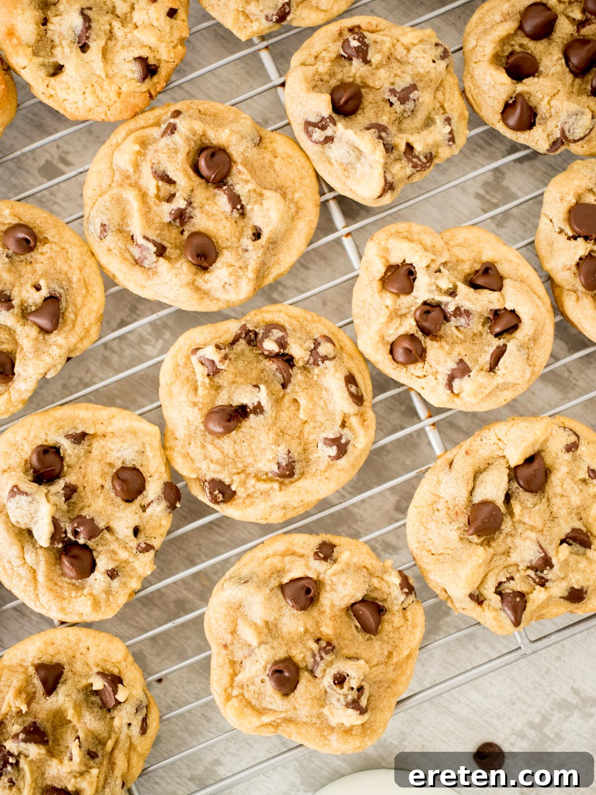 A fresh batch of golden-brown chocolate chip cookies cooling on a wire rack, steam gently rising
