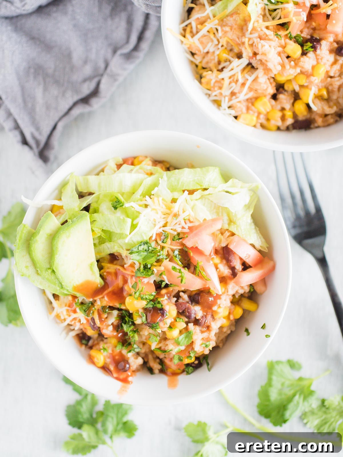 bowl of instant pot chicken burrito bowl with toppings