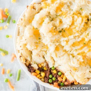 shepherds pie in a white baking dish