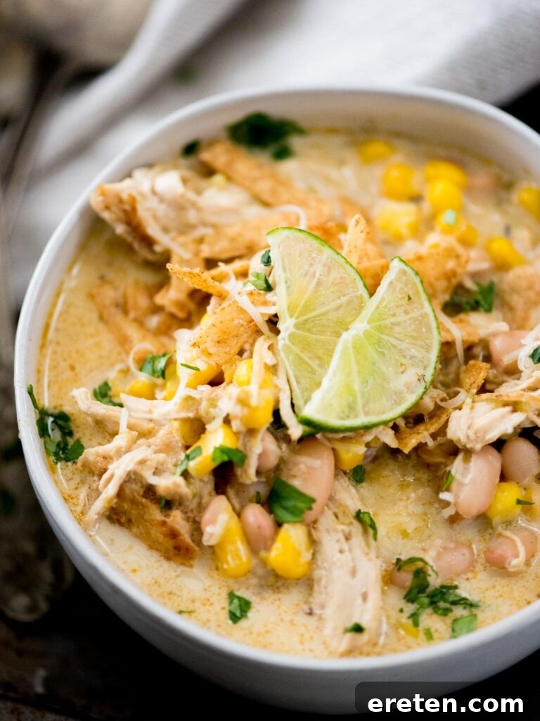 A beautifully garnished bowl of white chicken chili, topped with fresh cilantro, a vibrant lime wedge, shredded cheese, and crunchy tortilla strips.