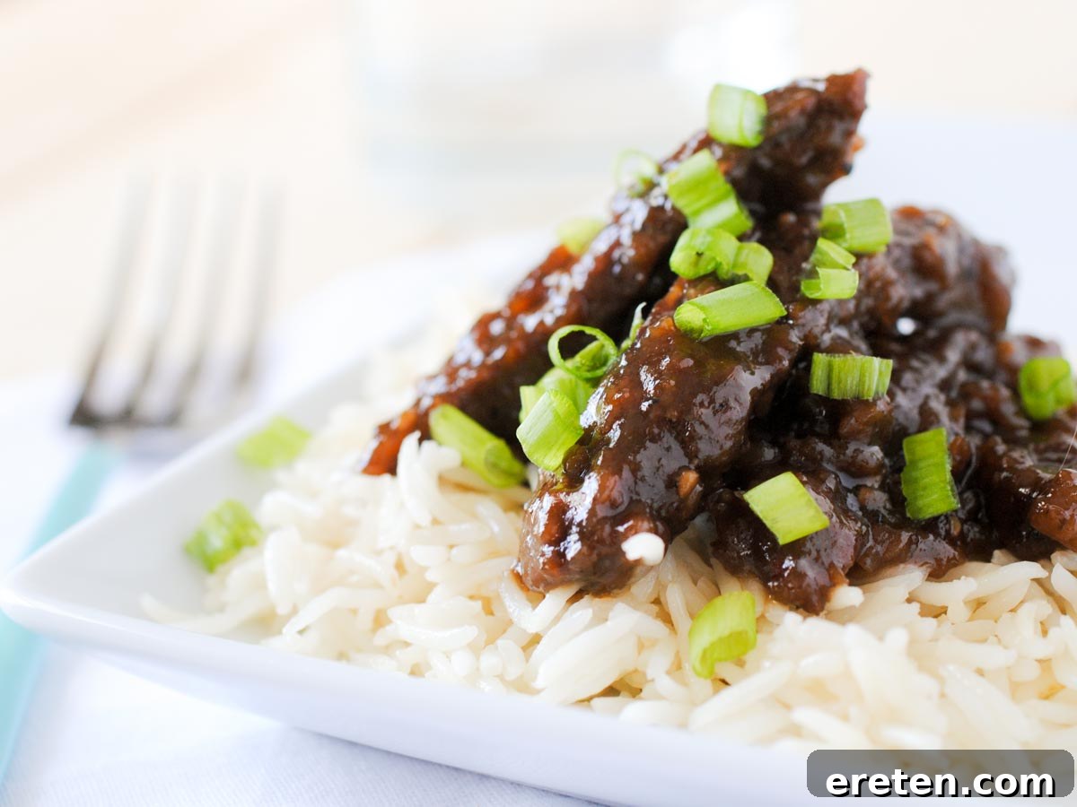 Sweet and Savory Teriyaki Beef with Rice 2 Slicely seared beef teriyaki, garnished with fresh green onions, served over a bed of fluffy white rice on a pristine white plate.