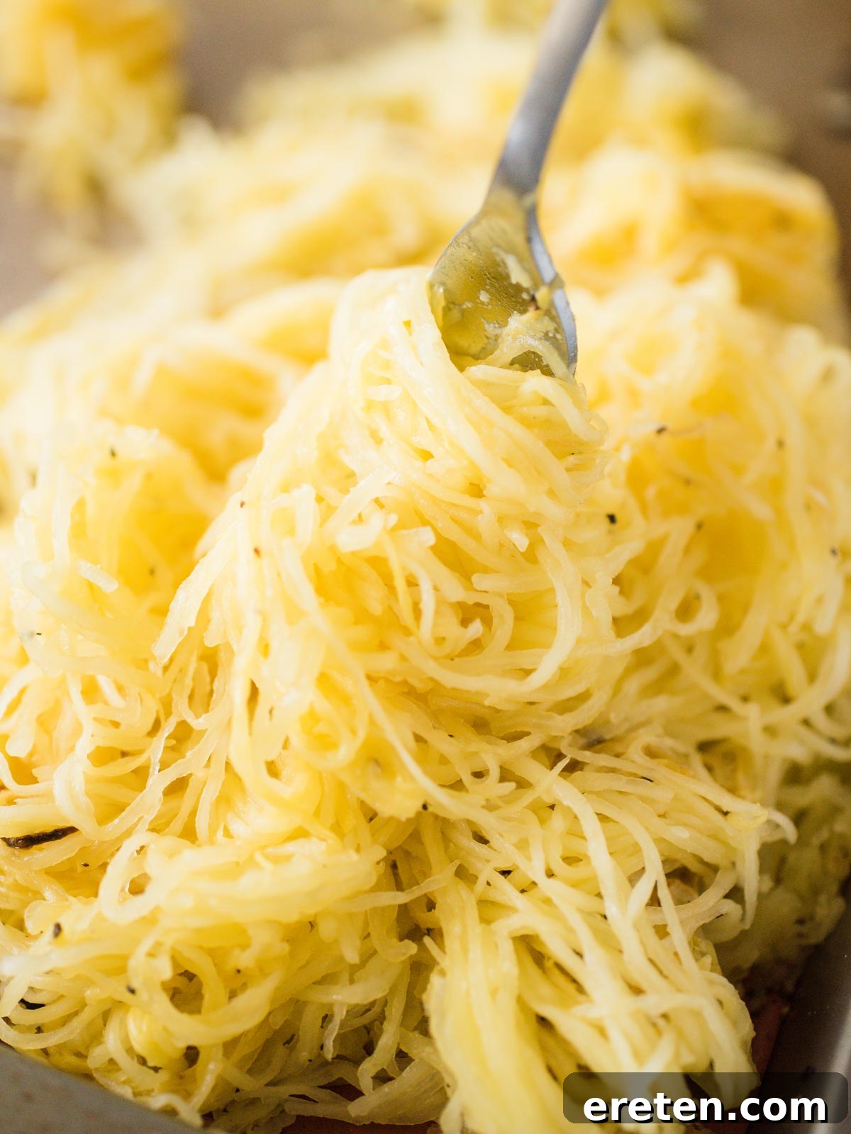 Perfect Oven Roasted Spaghetti Squash 2 spaghetti squash being twirled on a fork, showcasing long, firm strands