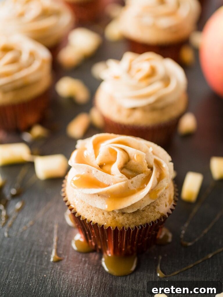 Caramel Apple Cinnamon Cupcakes 2 A beautifully decorated apple cider cupcake in a rose gold liner, topped with cinnamon sugar buttercream and a delicate caramel drizzle, ready to be enjoyed.