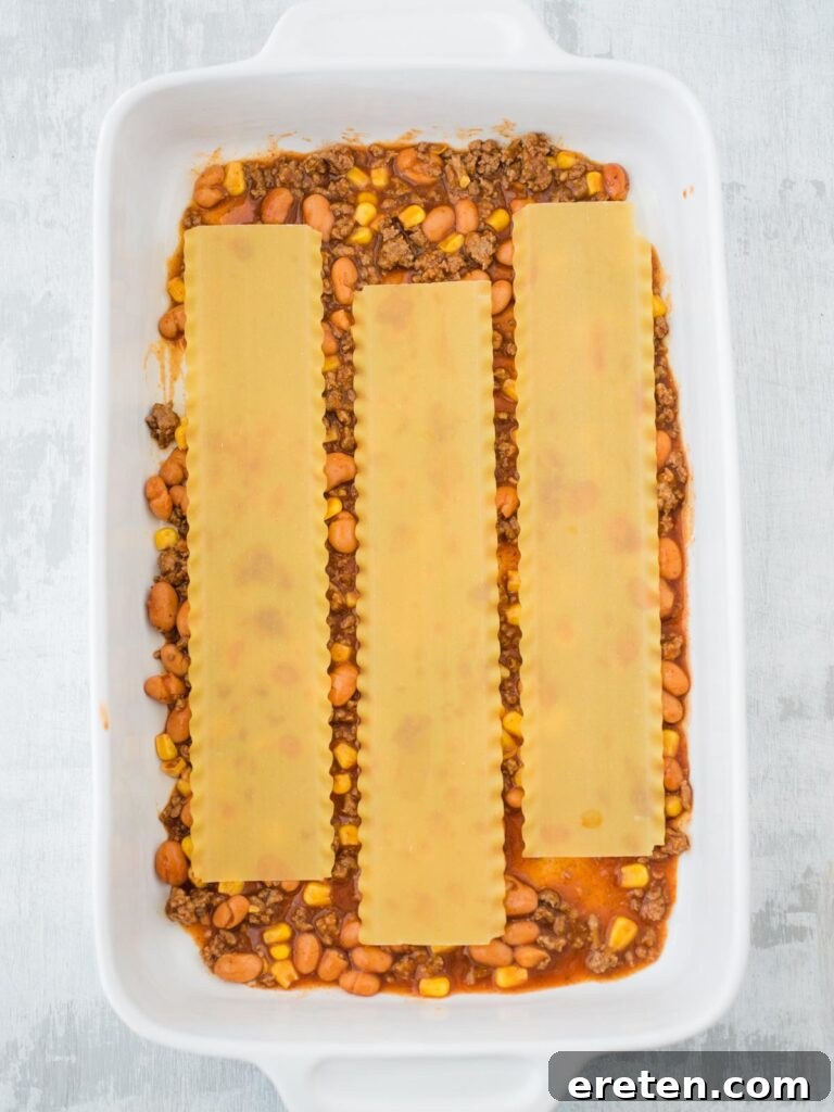 Kickin Tex Mex Lasagna 5 The first layer of uncooked lasagna noodles perfectly placed over the sauce in the casserole dish.