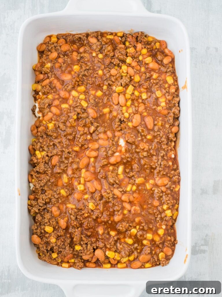 Kickin Tex Mex Lasagna 7 A generous pour of the rich meat and bean sauce covering the cheese layer in the Tex Mex lasagna.