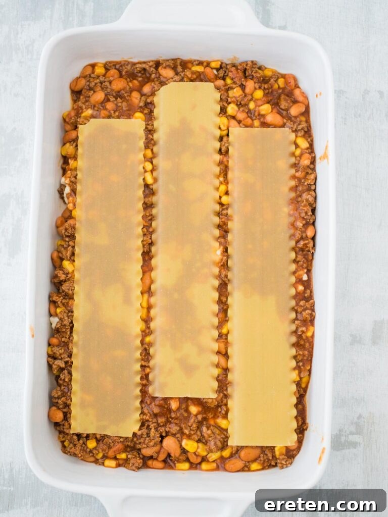Kickin Tex Mex Lasagna 8 The second layer of lasagna noodles carefully placed atop the meat sauce.