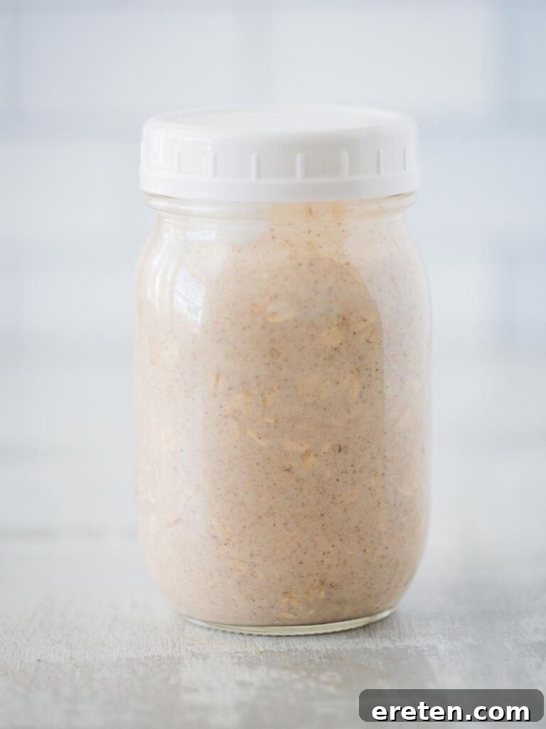 Creamy Banana Nut Bread Overnight Oats 12 All ingredients for banana bread overnight oats thoroughly mixed and shaken in a sealed jar, ready for refrigeration.