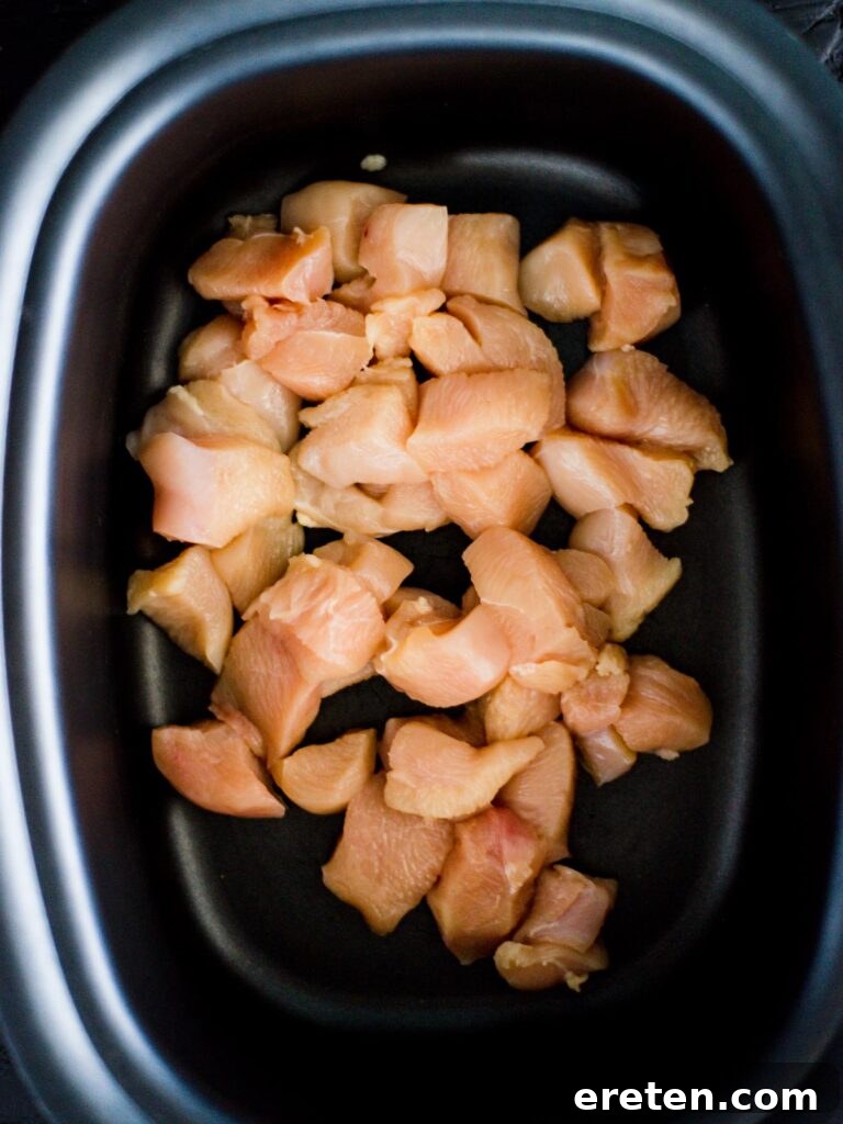 chopped chicken breast pieces in slow cooker