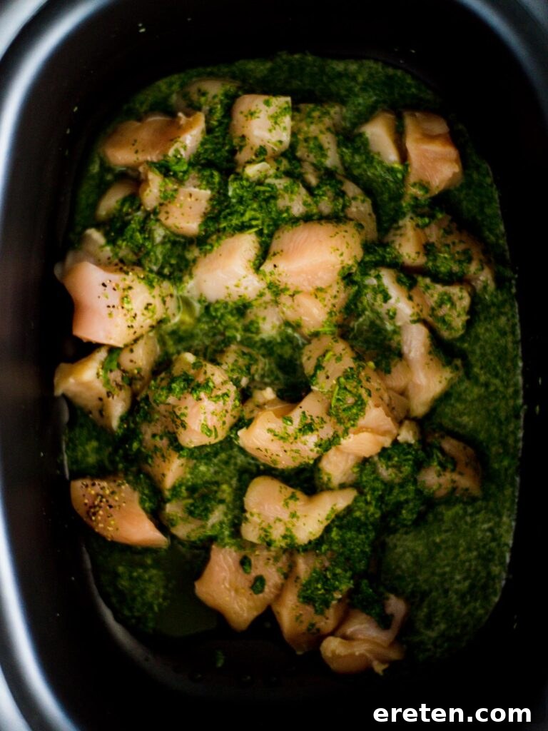 chicken with cilantro lime mix poured on top in slow cooker