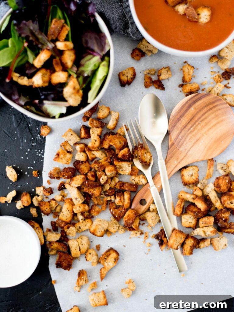 Homemade Croutons in the Air Fryer on parchment paper, golden and crispy