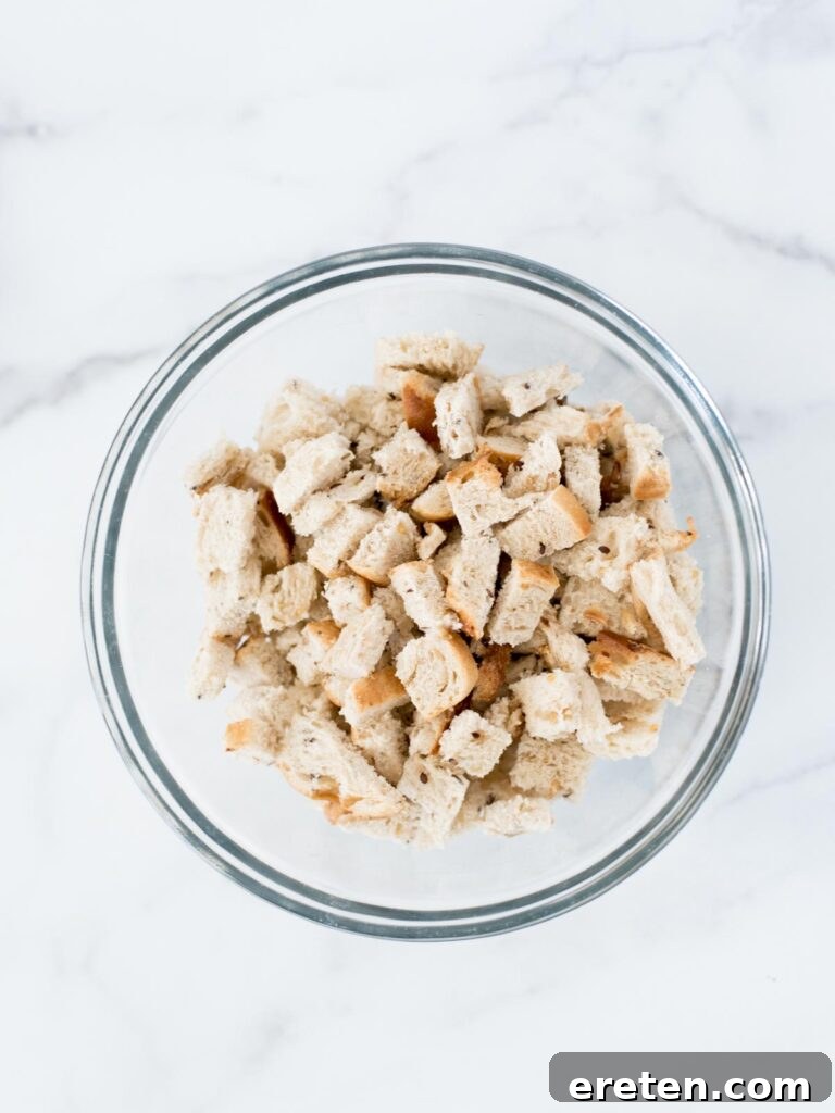 Bread cubes in a mixing bowl