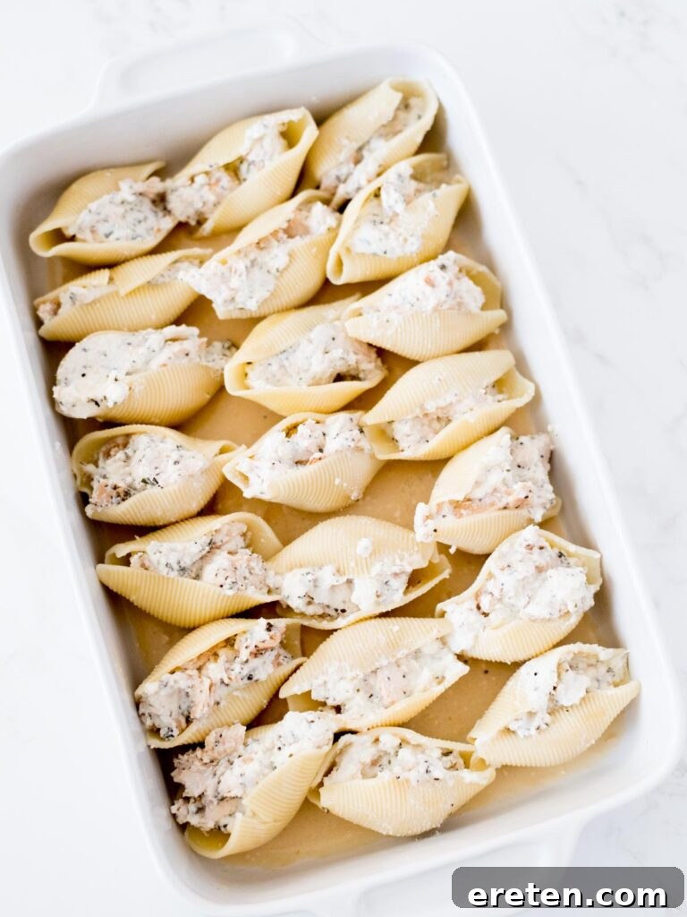 Creamy Chicken Ricotta Stuffed Shells 11 stuffed shells in casserole dish