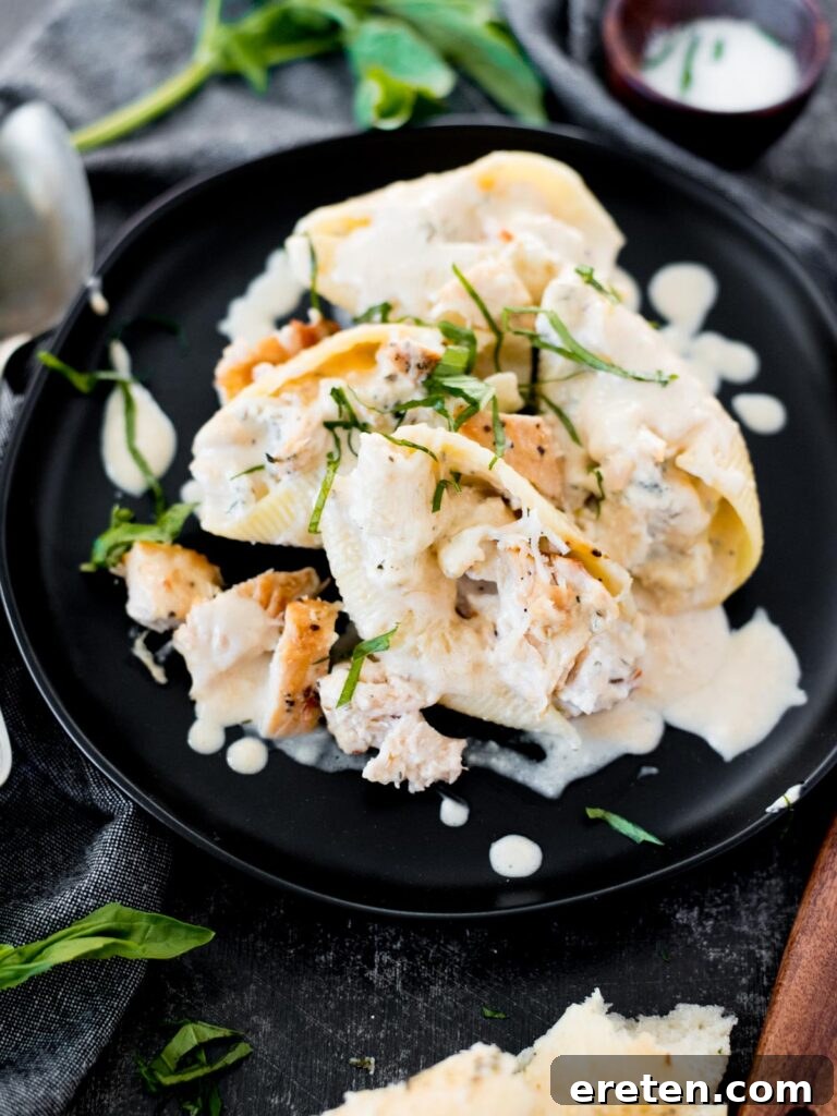 Creamy Chicken Ricotta Stuffed Shells 12 creamy chicken and ricotta stuffed shells topped with basil