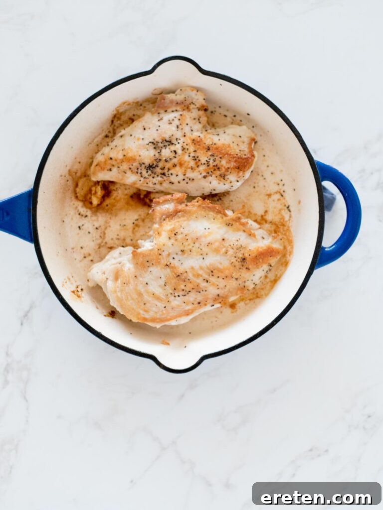 Creamy Chicken Ricotta Stuffed Shells 4 seared chicken in skillet