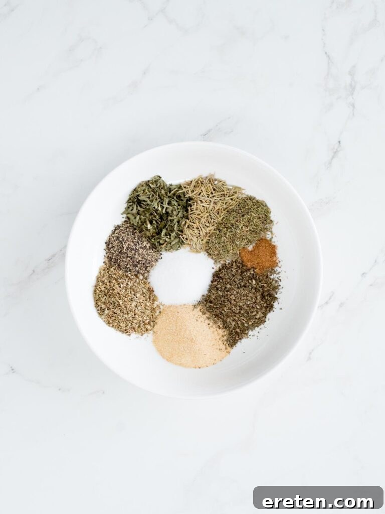 Dried herbs and spice ingredients for homemade Greek seasoning recipe