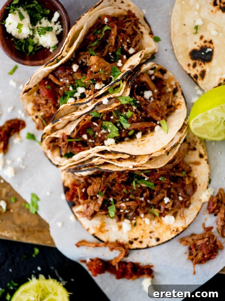 mexican shredded beef inside tacos topped with cilantro and queso fresco
