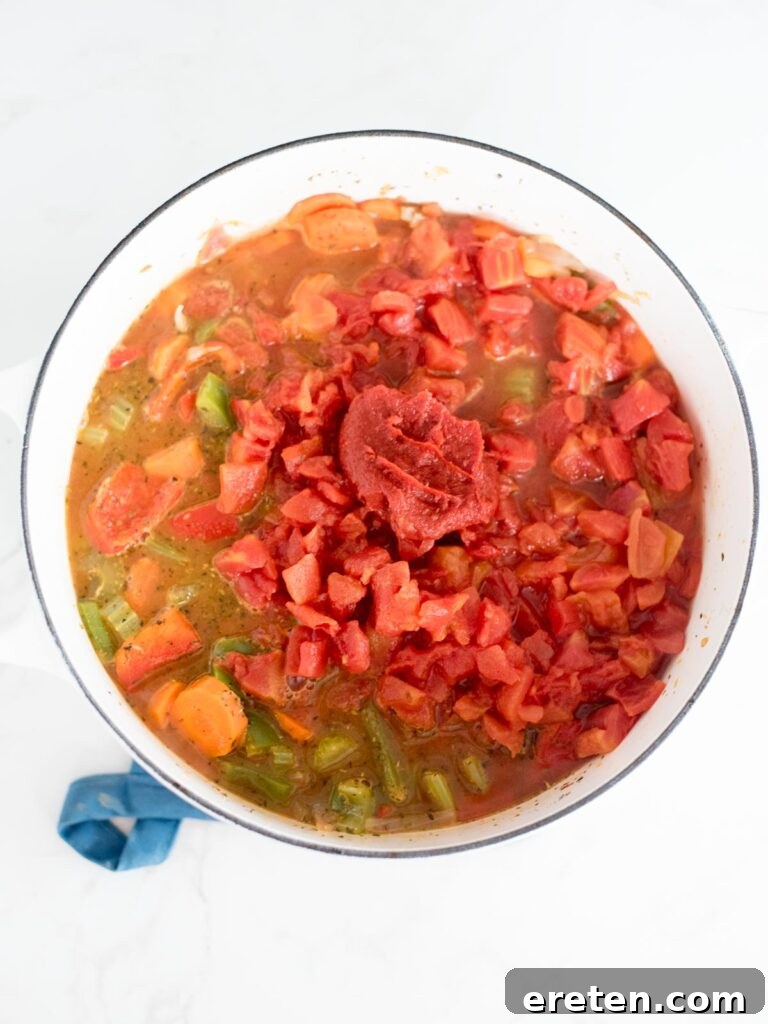 Rustic Oven Baked Chicken Cacciatore 7 chicken broth, tomato paste, and diced tomatoes added to the dutch oven with the vegetables and wine