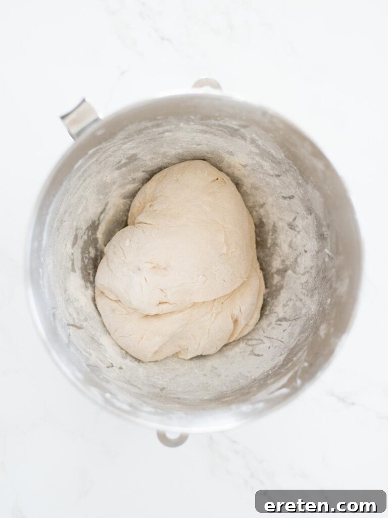 mixed bread dough in a stand mixer bowl