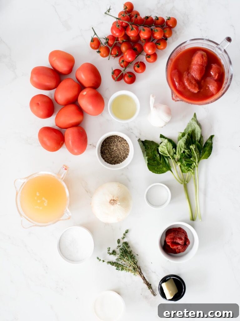 Comforting Roasted Tomato Basil Soup 3 Ingredients for creamy roasted tomato basil soup recipe laid out on a table