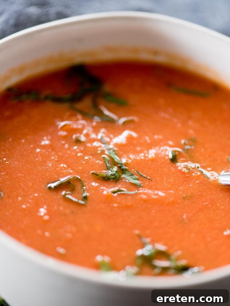 Comforting Roasted Tomato Basil Soup 8 Roasted tomato basil soup in a bowl topped with fresh basil and a drizzle of cream