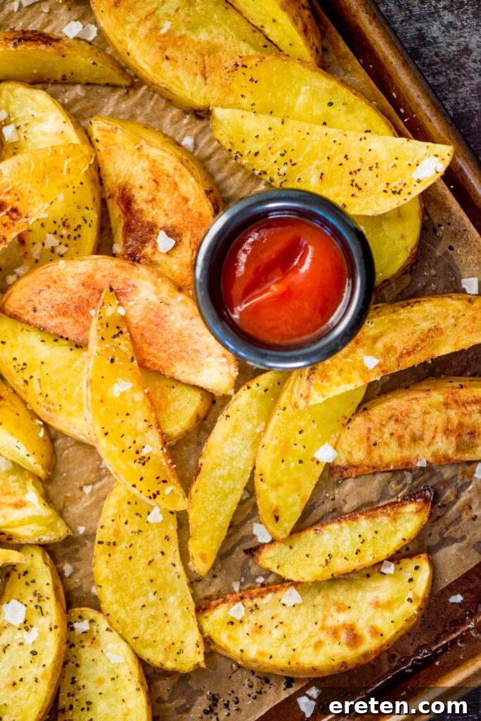 Perfectly cooked crispy oven baked garlic potato wedges on a baking sheet, ready to serve.