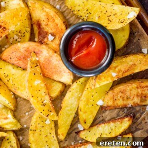 Crispy oven baked garlic potato wedges with flaky sea salt on a baking sheet with ketchup for dipping.