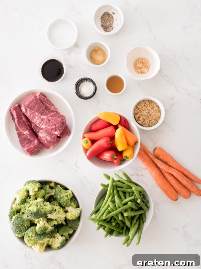 ingredients for easy sheet pan beef teriyaki including vegetables, sauce ingredients, and beef