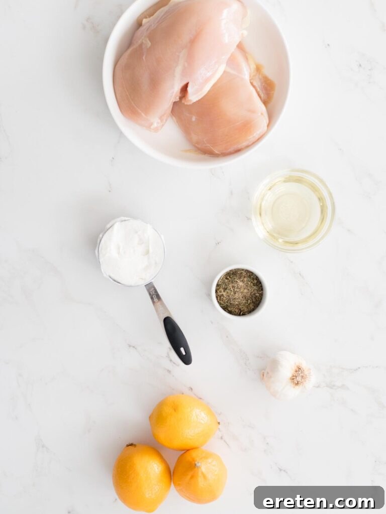 Fresh ingredients laid out for Greek Grilled Chicken Skewers: chicken breast, olive oil, Greek yogurt, lemons, garlic, and Greek seasoning mix.