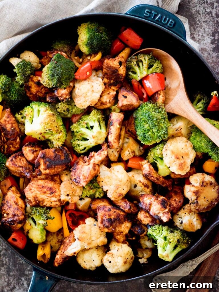 One-Pan Golden Chicken & Vibrant Veggies 2 healthy chipotle chicken and vegetables in a skillet, ready to serve