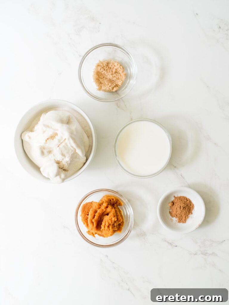 Various ingredients for a pumpkin milkshake laid out: vanilla ice cream, milk, pumpkin puree, brown sugar, and pumpkin pie spice.