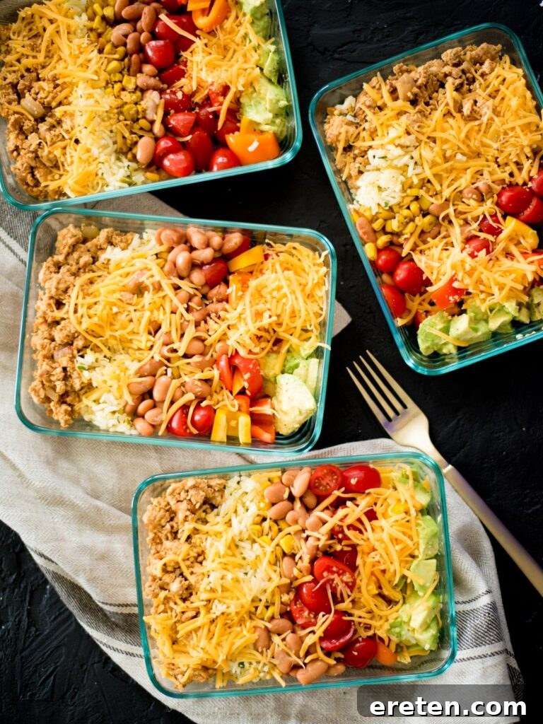 meal prep turkey taco bowls in a glass container