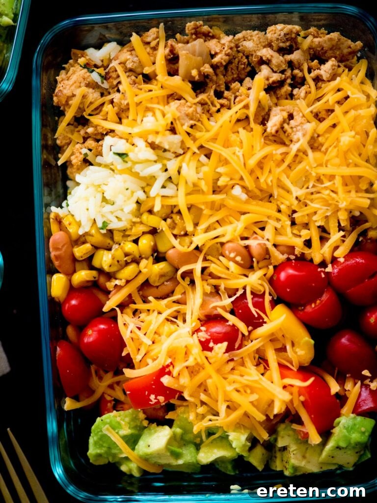 meal prep turkey taco bowls in a glass container