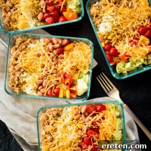 meal prep turkey taco bowls in a glass container