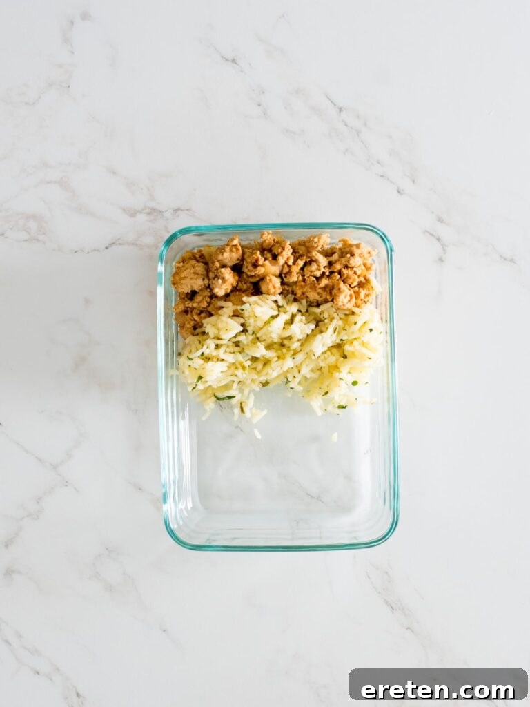 turkey and rice in a glass container