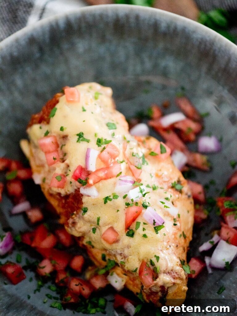 Slow Cooker Salsa Chicken with Melted Queso 8 crockpot salsa chicken with queso topped with cilantro tomatoes and red onion in a bowl