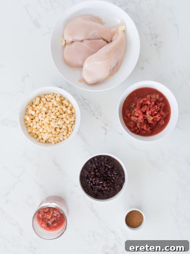 Easy Slow Cooker Mexican Chicken 3 All the raw ingredients for slow cooker Mexican chicken, including chicken, corn, beans, tomatoes, and salsa, placed in a crockpot.
