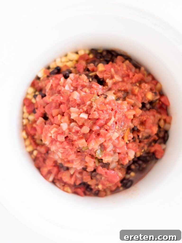 Easy Slow Cooker Mexican Chicken 9 Diced tomatoes with green chiles (Rotel) added to the crockpot for Mexican chicken.